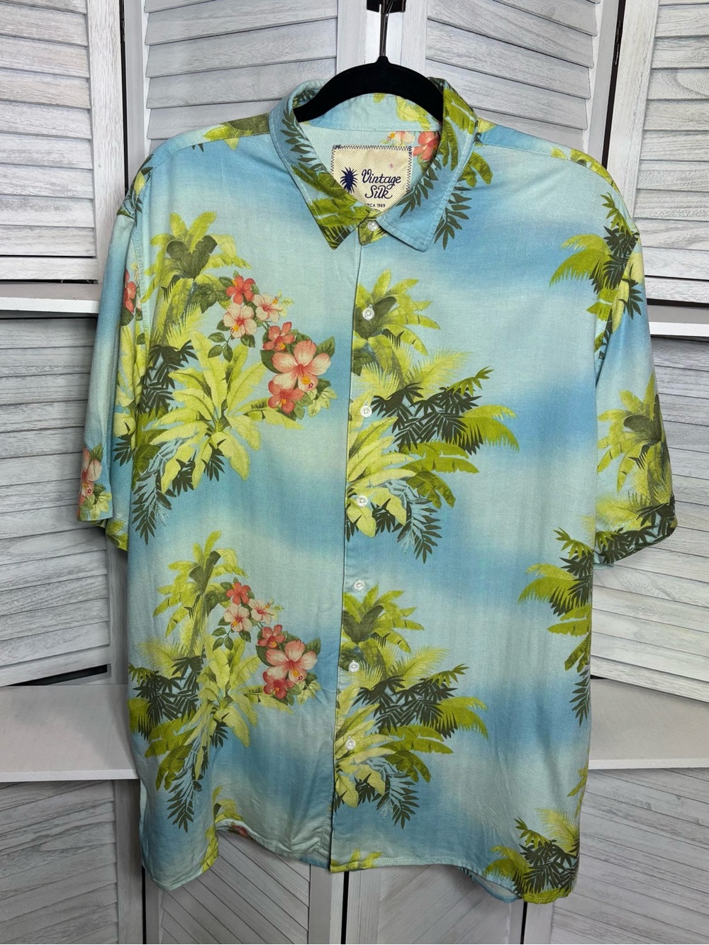 Vintage Silk Circa 1969 Tropical Hawaiian Camp Shirt Blue Palm Tree XXL
